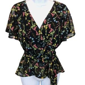 Francesca's Mi Ami Black Floral Wrap V-Neck Ruffle Peplum Blouse